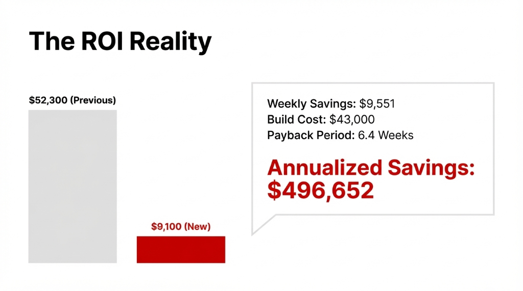 The ROI Reality chart showing $52,300 previous cost versus $9,100 new cost with annualized savings of $496,652