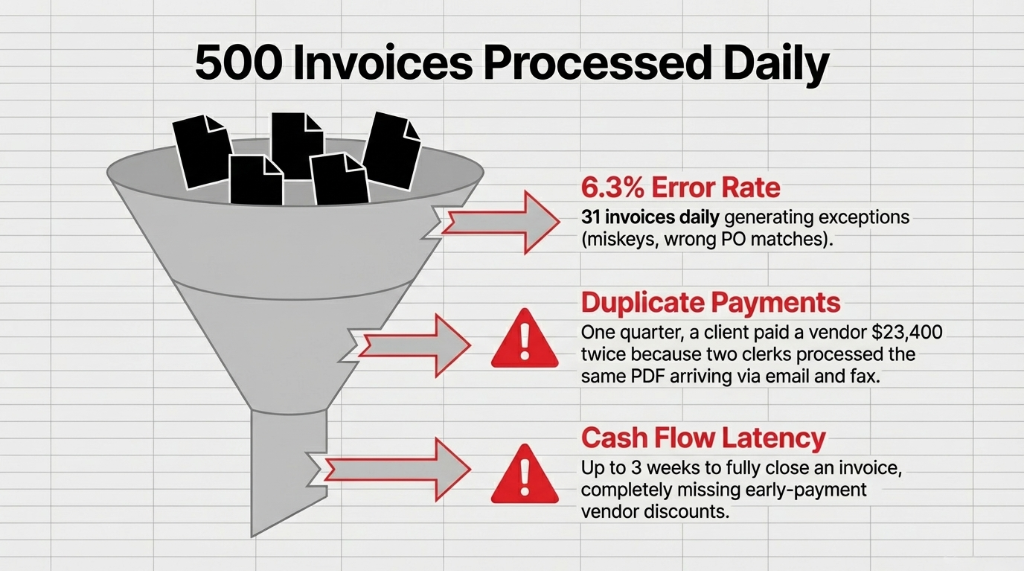 500 Invoices Processed Daily — funnel diagram showing invoices flowing through AP processing with three critical failures: 6.3% error rate generating 31 daily exceptions from miskeys and wrong PO matches, duplicate payments where a client paid a vendor $23,400 twice because two clerks processed the same PDF arriving via email and fax, and cash flow latency taking up to 3 weeks to fully close an invoice completely missing early-payment vendor discounts