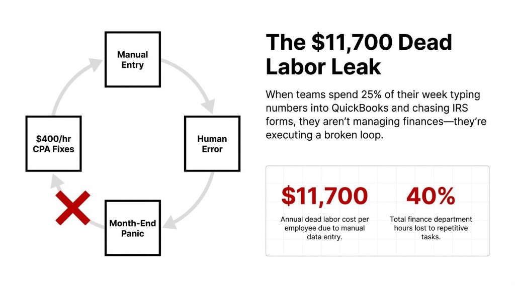 The $11,700 Dead Labor Leak: Loop of manual entry leading to human error, month-end panic, and expensive CPA fixes. 40% of finance department hours are lost to repetitive tasks, costing $11,700 annually per employee.