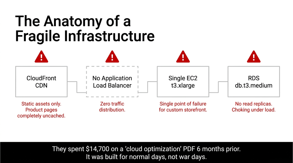 The Anatomy of a Fragile Infrastructure - CloudFront CDN caching static assets only with product pages completely uncached - No Application Load Balancer with zero traffic distribution - Single EC2 t3.xlarge as single point of failure - RDS db.t3.medium with no read replicas choking under load - They spent $14,700 on a cloud optimization PDF 6 months prior built for normal days not war days