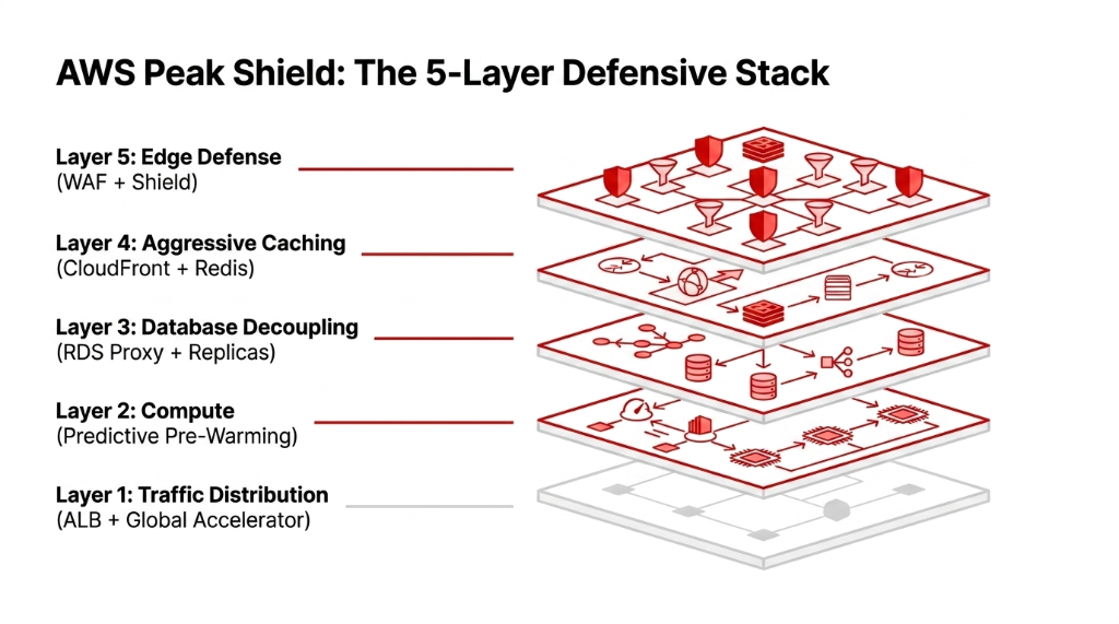 AWS Peak Shield The 5-Layer Defensive Stack - Layer 5 Edge Defense with WAF and Shield - Layer 4 Aggressive Caching with CloudFront and Redis - Layer 3 Database Decoupling with RDS Proxy and Replicas - Layer 2 Compute with Predictive Pre-Warming - Layer 1 Traffic Distribution with ALB and Global Accelerator