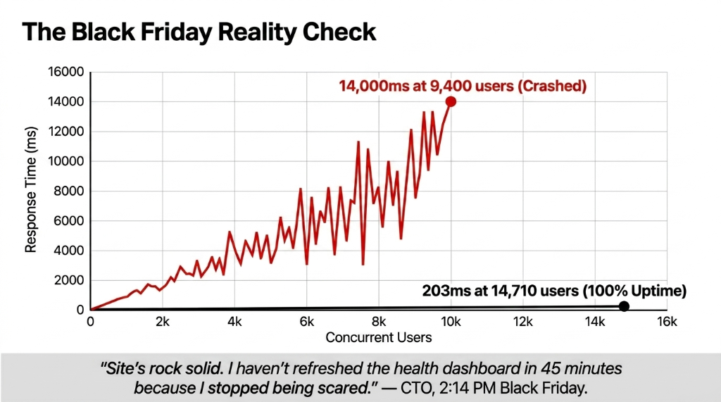 The Black Friday Reality Check - chart showing response time spiking to 14,000ms at 9,400 users and crashing versus 203ms at 14,710 users with 100 percent uptime after Peak Shield deployment - CTO quote Site is rock solid I stopped being scared