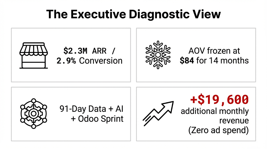 Executive diagnostic view showing $2.3M ARR at 2.9% conversion, AOV frozen at $84 for 14 months, 91-day AI and Odoo sprint resulting in $19,600 additional monthly revenue