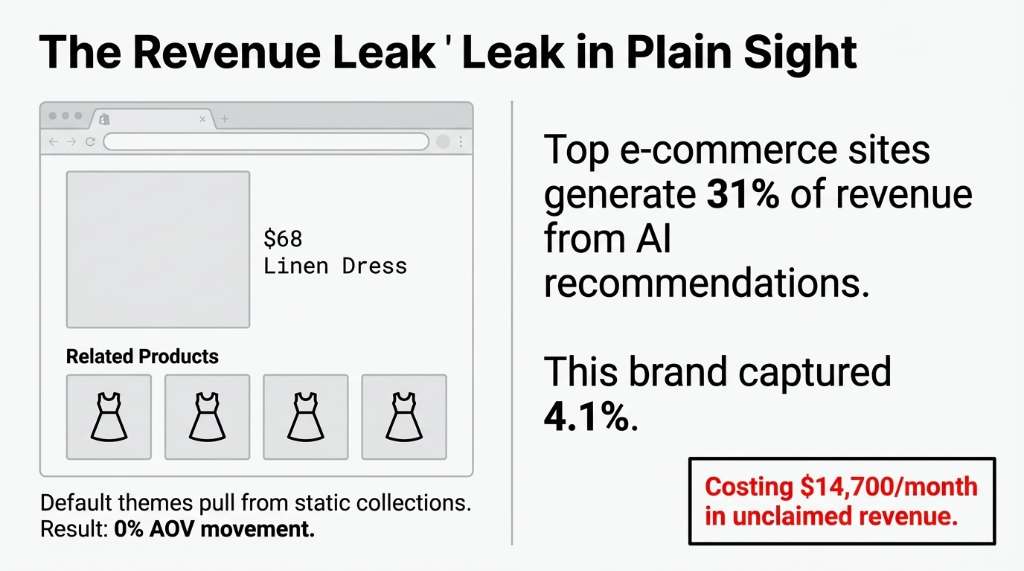 Revenue leak visualization showing default Shopify themes pull from static collections resulting in 0% AOV movement, while top ecommerce sites generate 31% from AI recommendations costing this brand $14,700 per month