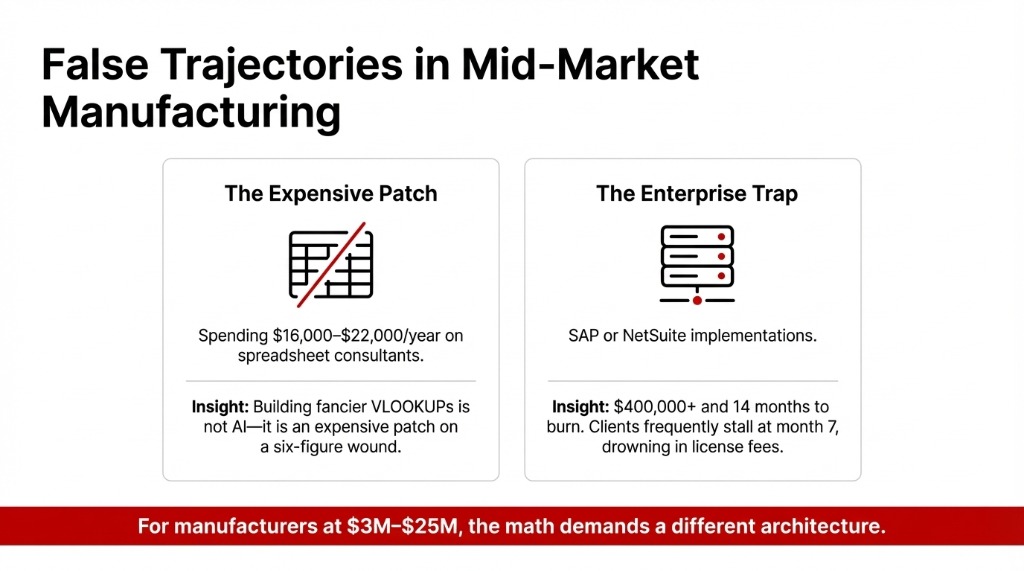 False Trajectories in Mid-Market Manufacturing showing The Expensive Patch vs The Enterprise Trap