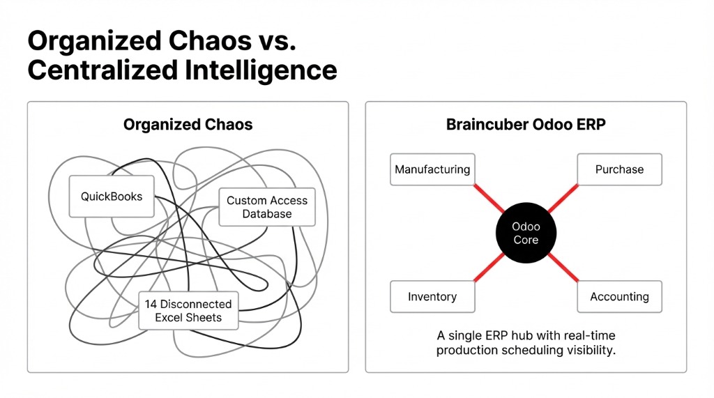A visual comparing Organized Chaos (QuickBooks + 14 disconnected Excel Sheets) vs Braincuber Odoo ERP hub
