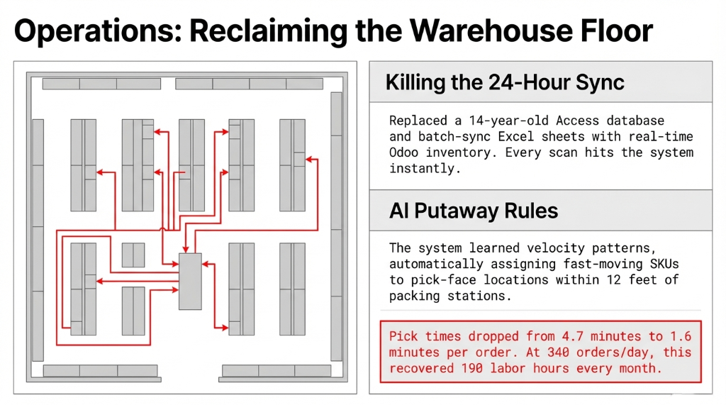 Operations: Reclaiming the Warehouse Floor. Warehouse layout showing AI-optimized pick-path routing with red arrows. Killing the 24-Hour Sync: replaced 14-year-old Access database and batch-sync Excel sheets with real-time Odoo inventory. AI Putaway Rules: system learned velocity patterns automatically assigning fast-moving SKUs to pick-face locations within 12 feet of packing stations. Pick times dropped from 4.7 minutes to 1.6 minutes per order. At 340 orders per day this recovered 190 labor hours every month.