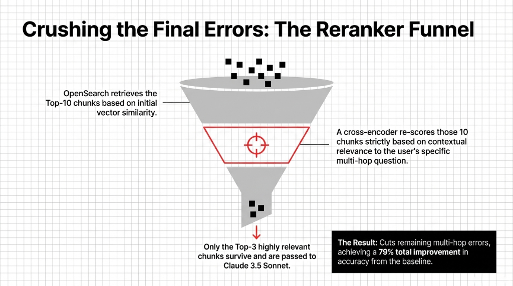 The Reranker Funnel showing OpenSearch retrieving Top-10 chunks, cross-encoder re-scoring for contextual relevance, and only Top-3 highly relevant chunks surviving to pass to Claude 3.5 Sonnet for a 79% total improvement