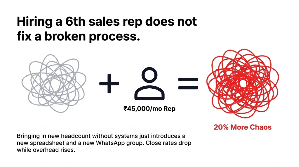 Hiring a 6th sales rep does not fix a broken process - chaos diagram plus a 45000 rupee per month rep equals 20 percent more chaos - Bringing in new headcount without systems just introduces a new spreadsheet and a new WhatsApp group - Close rates drop while overhead rises