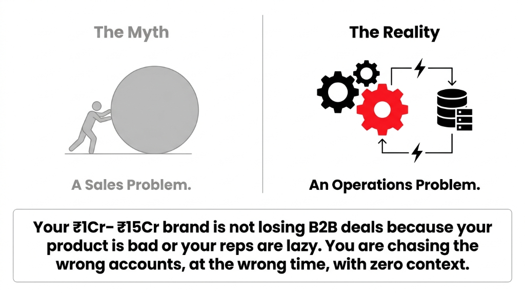 The Myth versus The Reality - The Myth shows a sales problem with a person pushing a boulder uphill - The Reality shows an operations problem with gears database and automation icons - Your brand is not losing B2B deals because your product is bad or your reps are lazy - You are chasing the wrong accounts at the wrong time with zero context