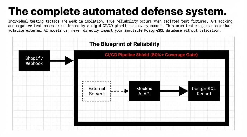 The complete automated defense system architecture showing Shopify webhook flowing through a CI/CD pipeline shield with 80% coverage gate, where external servers connect to mocked AI API that writes to PostgreSQL record, ensuring volatile AI models never directly impact the database without validation