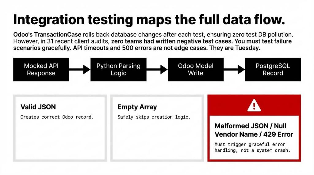 Integration testing data flow diagram showing mocked API response flowing through Python parsing logic to Odoo model write to PostgreSQL record, with test cases for valid JSON, empty array, and malformed JSON or null vendor name or 429 error requiring graceful error handling