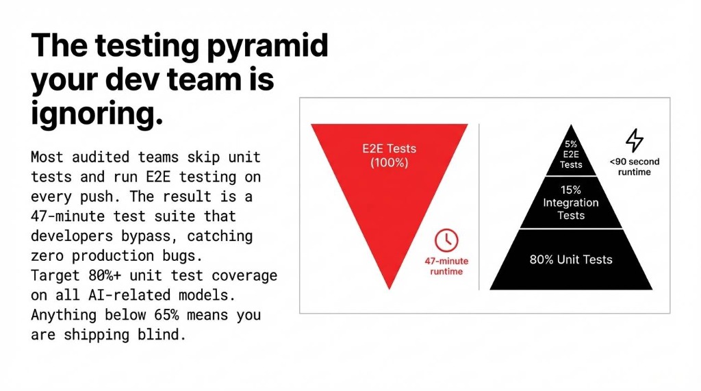 Testing pyramid comparison showing the inverted pyramid most teams use with 100% E2E tests taking 47 minutes versus the correct pyramid with 80% unit tests, 15% integration tests, and 5% E2E tests running in under 90 seconds