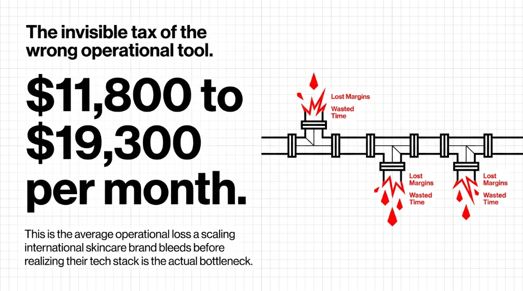 The invisible tax of the wrong operational tool showing 11800 to 19300 dollars per month as the average operational loss a scaling international skincare brand bleeds before realizing their tech stack is the actual bottleneck with lost margins and wasted time leaking from broken pipeline connections