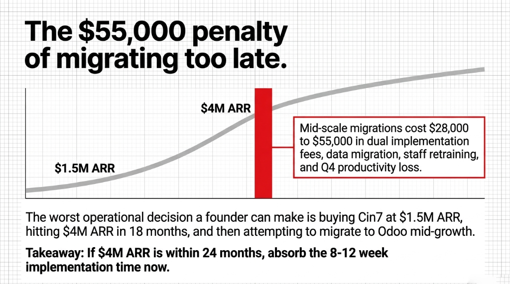 The 55000 dollar penalty of migrating too late showing growth curve from 1.5M ARR to 4M ARR with mid-scale migrations costing 28000 to 55000 dollars in dual implementation fees data migration staff retraining and Q4 productivity loss with takeaway if 4M ARR is within 24 months absorb the 8 to 12 week implementation time now