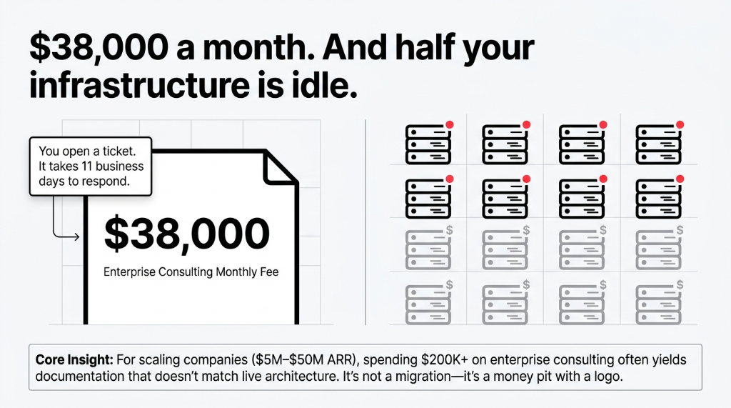 $38,000 a month enterprise consulting fee with half your infrastructure idle - showing 11 business days to respond to a ticket while scaling companies spend $200K+ on consulting that yields documentation not matching live architecture