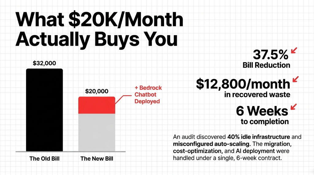 What $20K per Month Actually Buys You - bar chart showing The Old Bill at $32,000 reduced to The New Bill at $20,000 plus Bedrock Chatbot Deployed with 37.5% bill reduction $12,800 per month in recovered waste and 6 weeks to completion after audit discovered 40% idle infrastructure and misconfigured auto-scaling