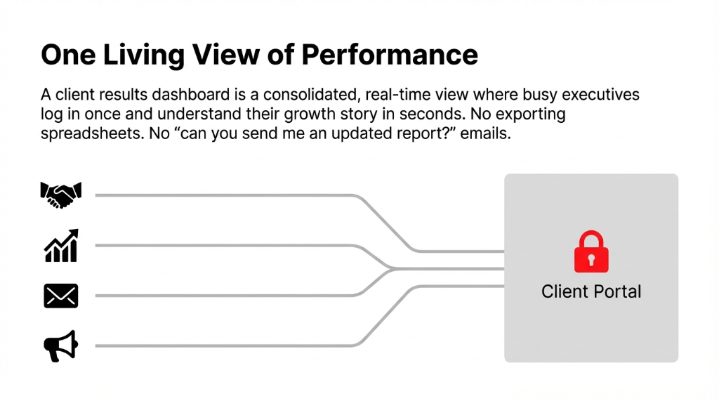 One Living View of Performance. A diagram showing four data channels (CRM, analytics, email, and campaigns represented by icons) converging through lines into a single Client Portal box with a red lock icon, illustrating how a client results dashboard consolidates all data sources into one secure portal.