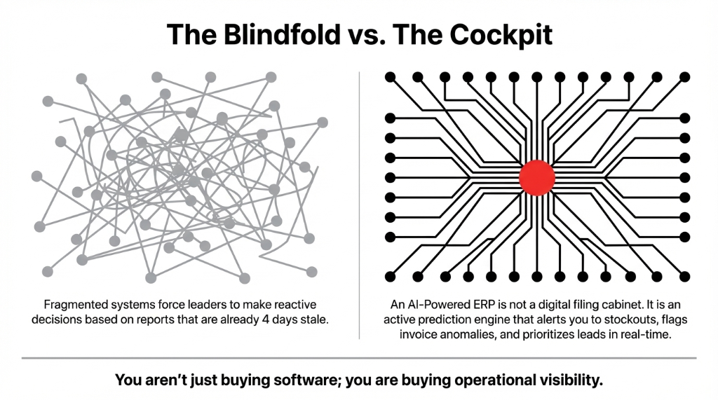 The Blindfold vs The Cockpit: On the left, fragmented systems force leaders to make reactive decisions based on reports that are already 4 days stale. On the right, an AI-Powered ERP is an active prediction engine that alerts you to stockouts, flags invoice anomalies, and prioritizes leads in real-time. You are not just buying software, you are buying operational visibility.
