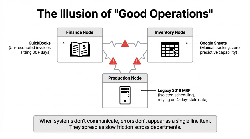 The Illusion of Good Operations diagram showing three disconnected nodes: Finance Node with QuickBooks and un-reconciled invoices sitting 30+ days, Inventory Node using Google Sheets with manual tracking and zero predictive capability, and Production Node running a Legacy 2019 MRP with isolated scheduling relying on 4-day-stale data. Warning symbols show errors spreading as slow friction across departments.