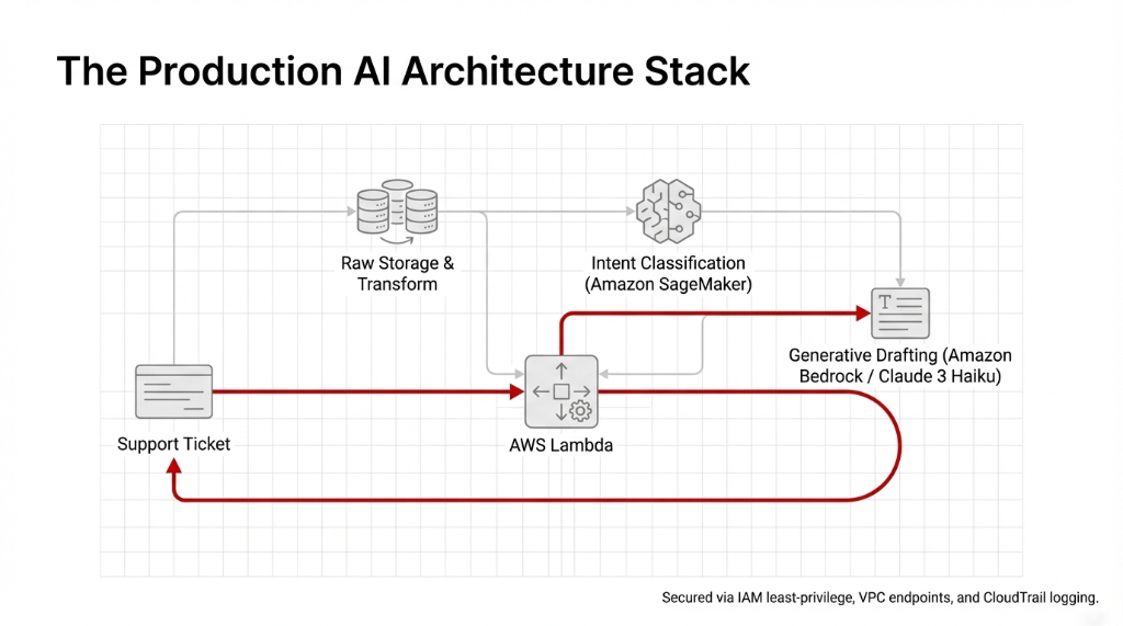 The Production AI Architecture Stack leveraging SageMaker, Bedrock, and AWS Lambda