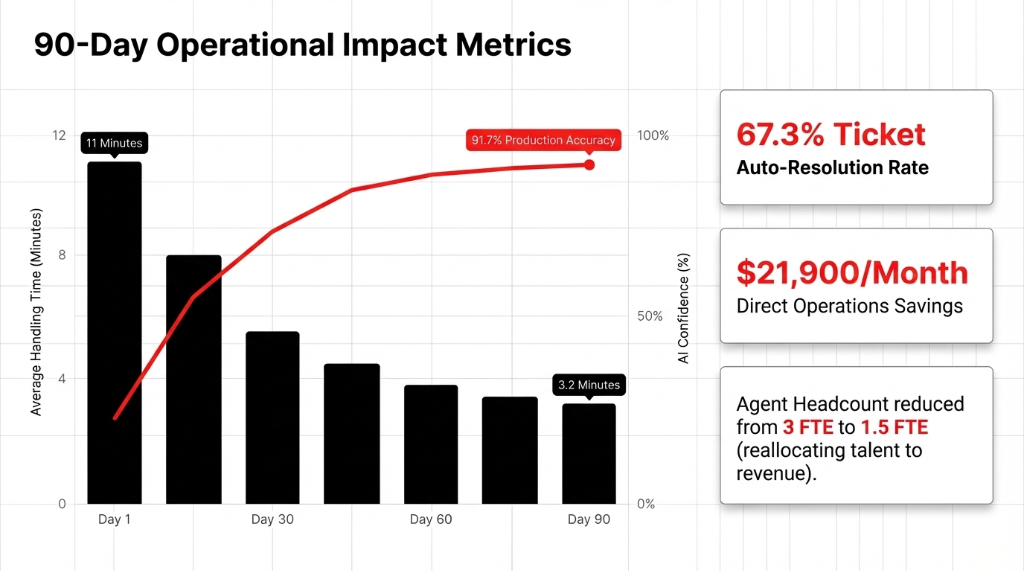 90-Day Operational Impact Metrics showing a 67.3% auto-resolution rate