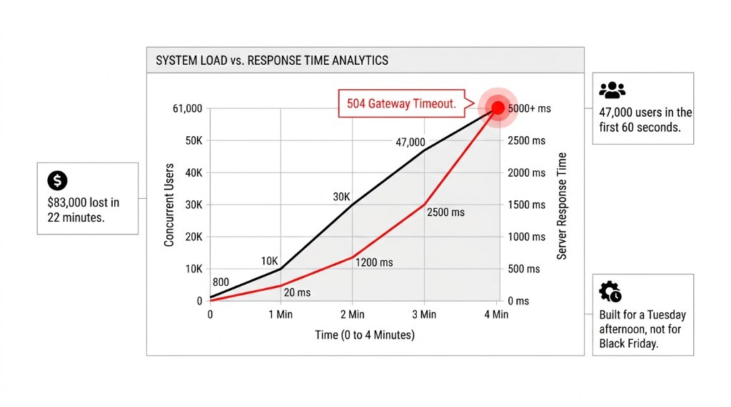Layer 1 decoupled checkout architecture showing synchronous storefront API failure under load versus SQS PubSub queue with backend processor handling 1847 orders per minute with under 11 seconds processing lag and zero downtime