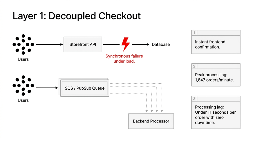 Hidden post-sale failure point showing Shopify API standard limit 2 calls per second creating wall and queue backup leading to overselling versus buffered batch sync layer with queued batched syncs conflict resolution logic zero API rate-limit walls zero oversold units