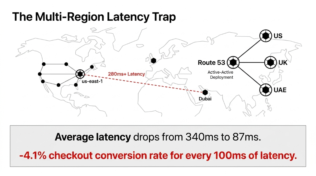 Multi-region latency trap showing us-east-1 with 280ms plus latency to Dubai versus Route 53 active-active deployment across US UK and UAE dropping average latency from 340ms to 87ms with 4.1 percent checkout conversion loss per 100ms