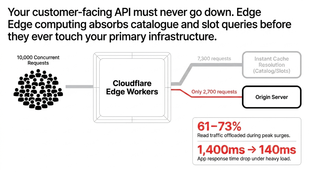 Edge computing architecture showing 10000 concurrent requests hitting Cloudflare Edge Workers with 7300 requests resolved via instant cache and only 2700 reaching origin server offloading 61 to 73 percent read traffic and dropping app response time from 1400ms to 140ms