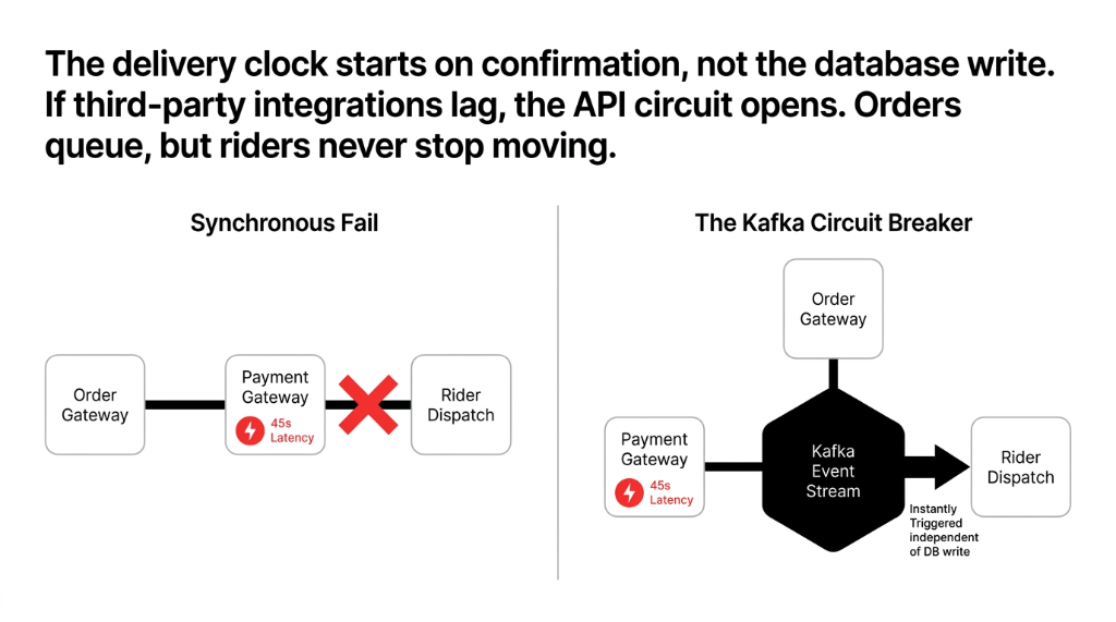Kafka circuit breaker pattern showing synchronous fail where payment gateway 45-second latency blocks rider dispatch versus Kafka event stream where order gateway and payment gateway feed events independently triggering rider dispatch instantly independent of database write