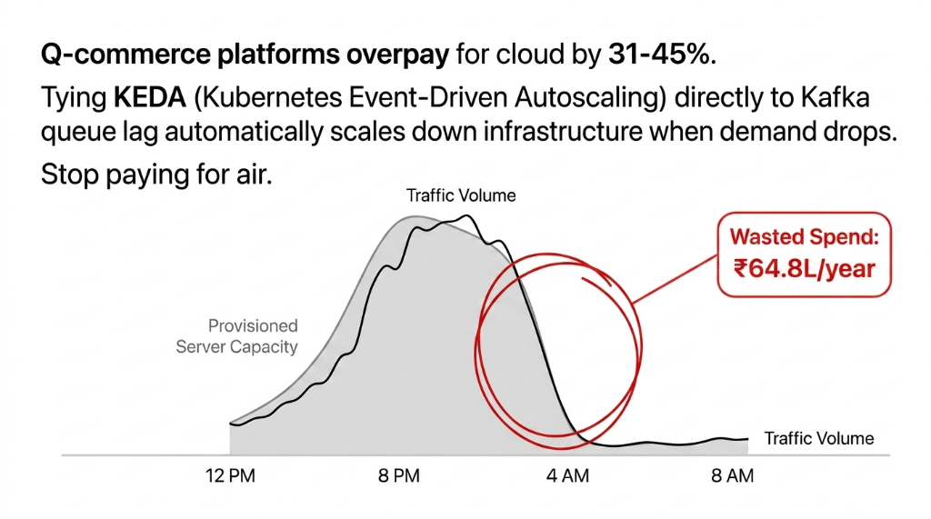 Q-commerce platforms overpay for cloud by 31 to 45 percent showing KEDA Kubernetes Event-Driven Autoscaling tied to Kafka queue lag automatically scaling down infrastructure when demand drops with traffic volume versus provisioned server capacity and 77143 dollars per year wasted spend circled