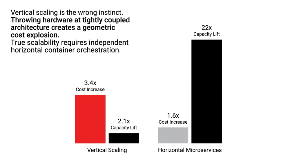 Vertical scaling gives 3.4x cost increase for only 2.1x capacity lift versus horizontal microservices giving 1.6x cost increase for 22x capacity lift showing why throwing hardware at tightly coupled architecture creates geometric cost explosion