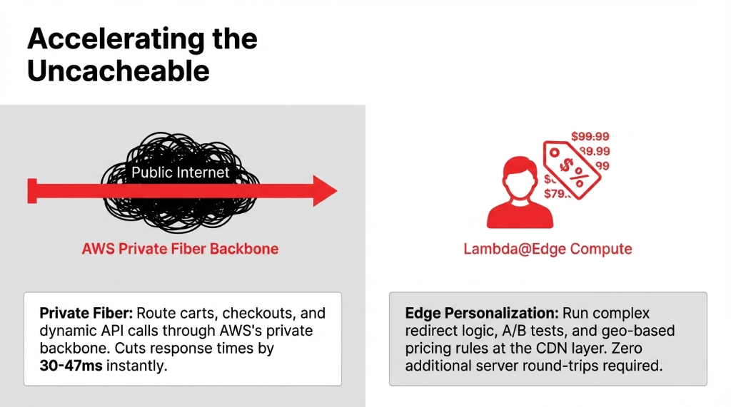 AWS CloudFront accelerating uncacheable content showing private fiber backbone routing carts checkouts and dynamic API calls through AWS private network cutting response times by 30 to 47ms and Lambda at Edge running A/B tests redirect logic and geo-based pricing rules at CDN layer with zero additional server round-trips