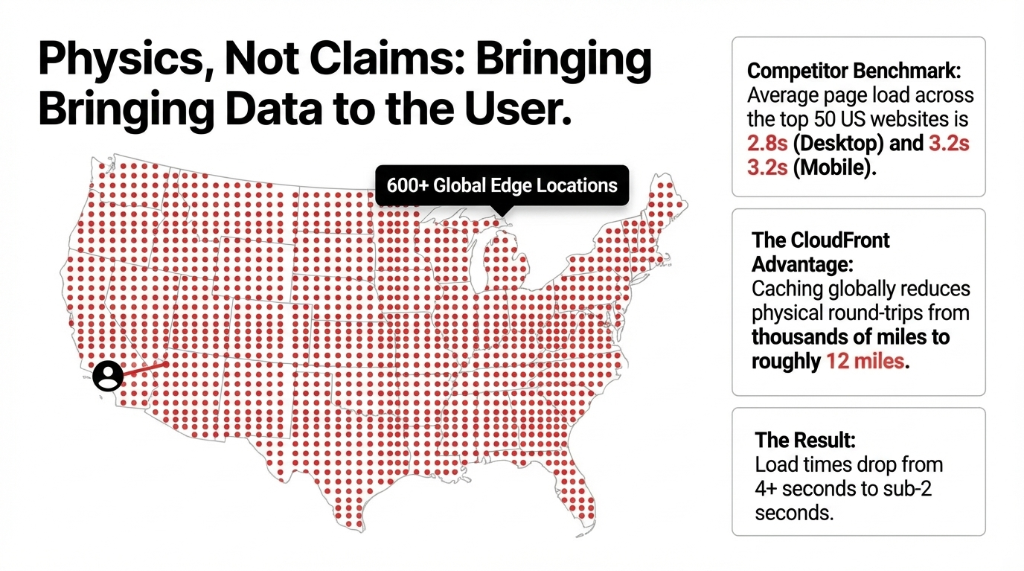 AWS CloudFront 600 plus global edge locations map across the United States showing how caching globally reduces physical round-trips from thousands of miles to roughly 12 miles cutting load times from 4 plus seconds to sub-2 seconds with competitor benchmark showing average 2.8 second desktop and 3.2 second mobile load times
