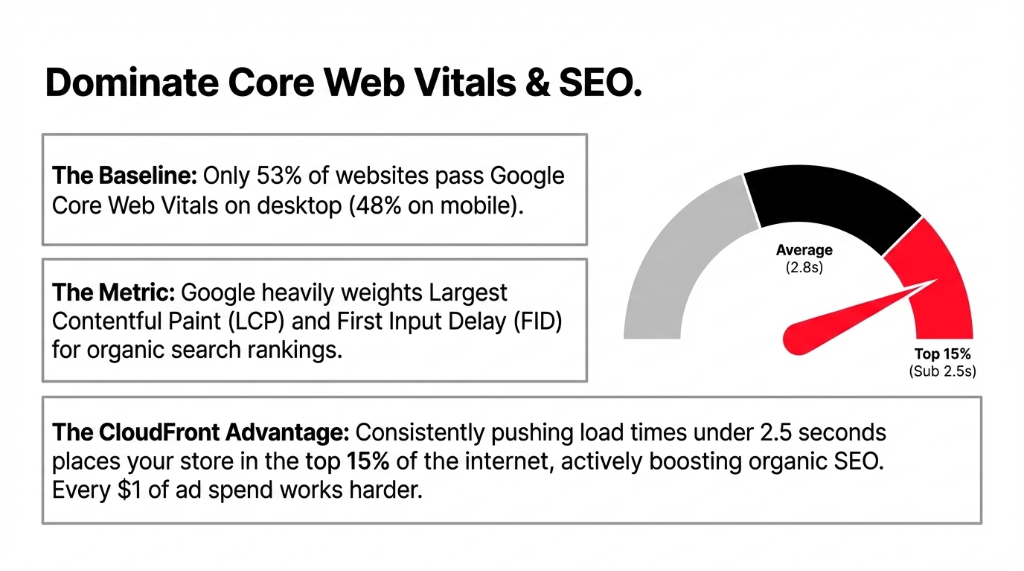 Google Core Web Vitals gauge showing only 53 percent of websites pass on desktop and 48 percent on mobile with CloudFront pushing load times under 2.5 seconds placing stores in the top 15 percent of the internet boosting organic SEO and making every dollar of ad spend work harder