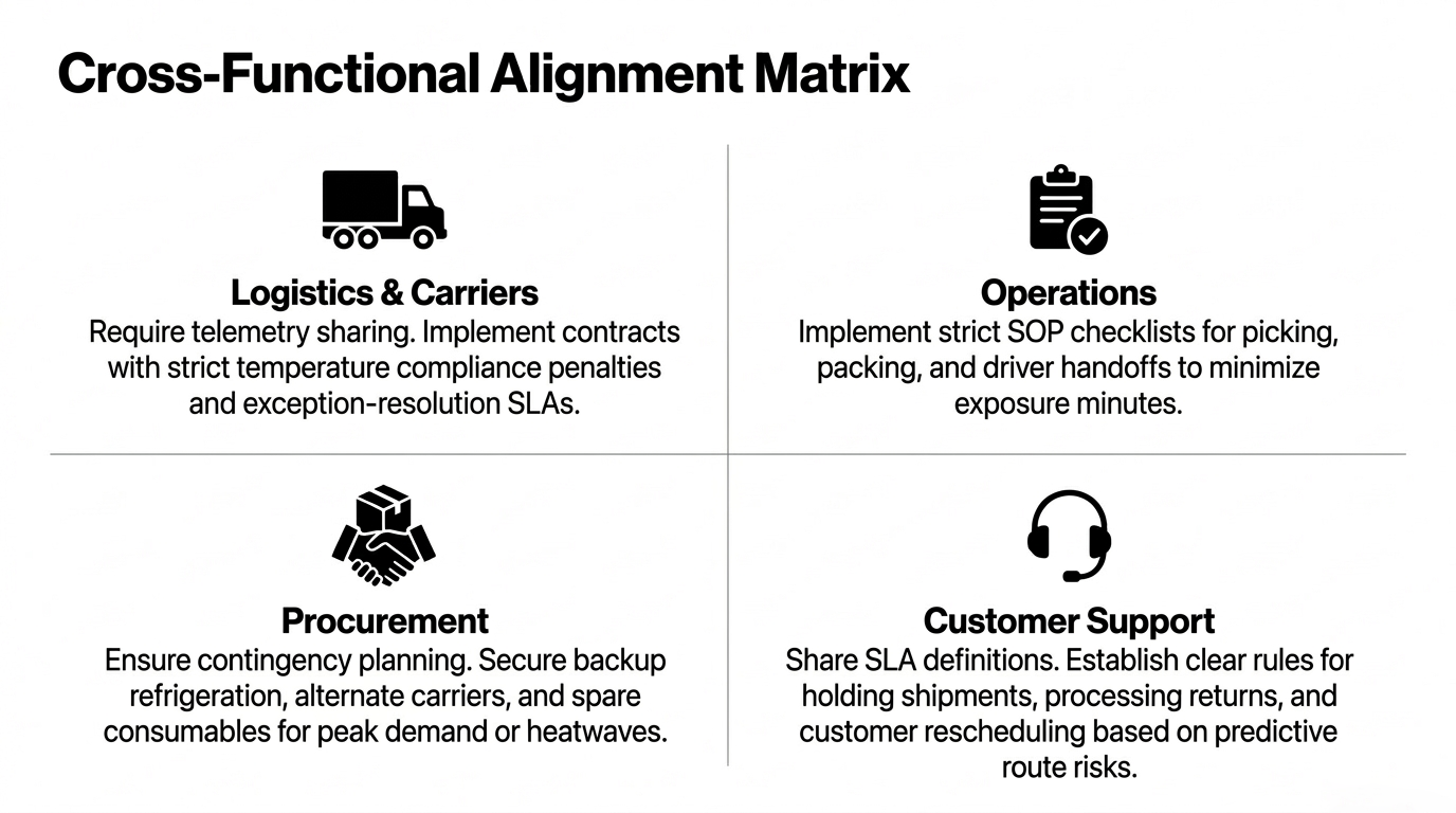 Cross-Functional Alignment Matrix - Logistics and Carriers requiring telemetry sharing with temperature compliance penalties - Operations implementing strict SOP checklists for picking packing and driver handoffs - Procurement ensuring contingency planning with backup refrigeration and alternate carriers - Customer Support sharing SLA definitions with clear rules for holding shipments and processing returns