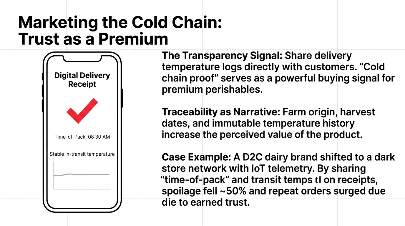 Marketing the Cold Chain Trust as a Premium - Digital Delivery Receipt showing Time-of-Pack 08:30 AM and Stable in-transit temperature - The Transparency Signal sharing delivery temperature logs with customers as cold chain proof - Traceability as Narrative with farm origin harvest dates and immutable temperature history - Case Example D2C dairy brand spoilage fell 50 percent and repeat orders surged