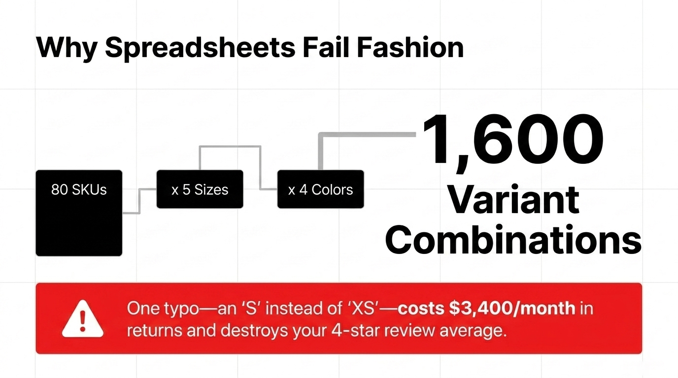 Why Spreadsheets Fail Fashion showing 80 SKUs x 5 Sizes x 4 Colors equals 1,600 variant combinations with $3,400/month warning