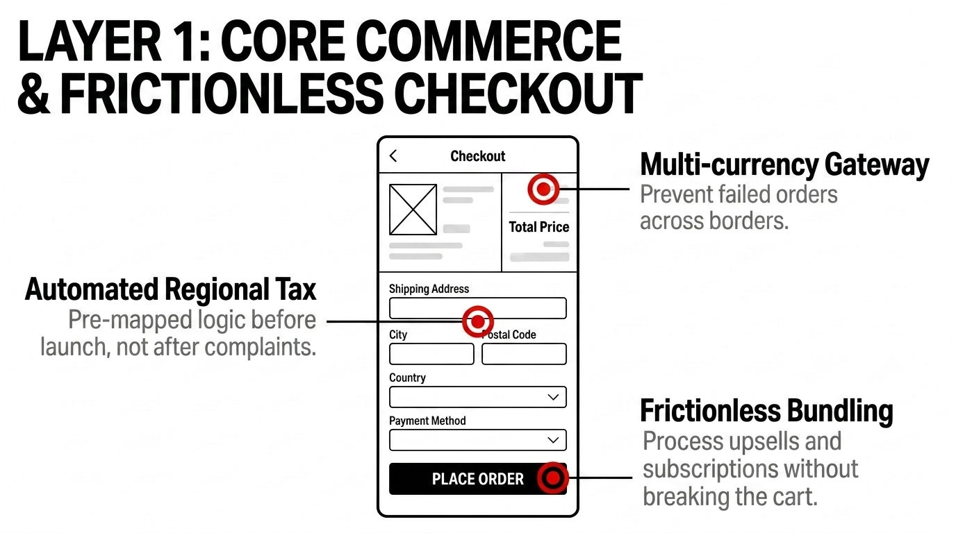 Layer 1 core commerce frictionless checkout multi-currency gateway automated regional tax frictionless bundling