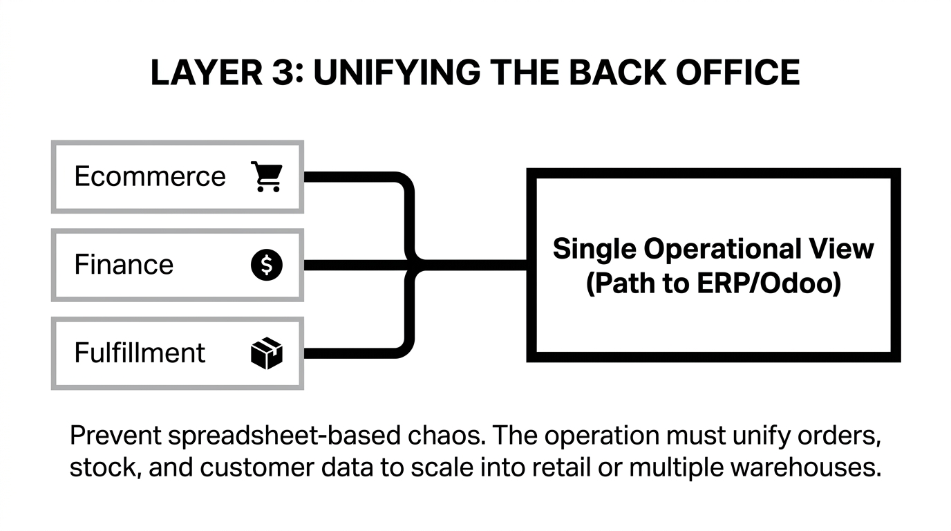 Layer 3 unifying back office ecommerce finance fulfillment single operational view ERP Odoo