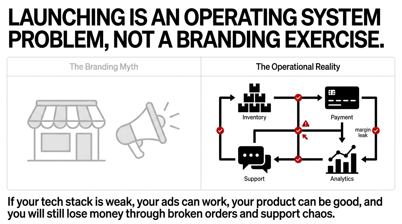 D2C operating system diagram showing branding myth versus operational reality with inventory payment support analytics margin leak