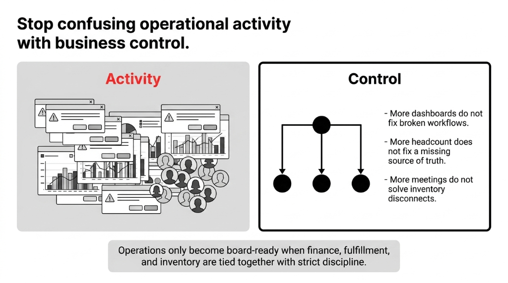 Stop confusing operational activity with business control. Activity shows cluttered dashboards and busy screens. Control shows structured hierarchy with clear ownership. More dashboards do not fix broken workflows. More headcount does not fix a missing source of truth. More meetings do not solve inventory disconnects.
