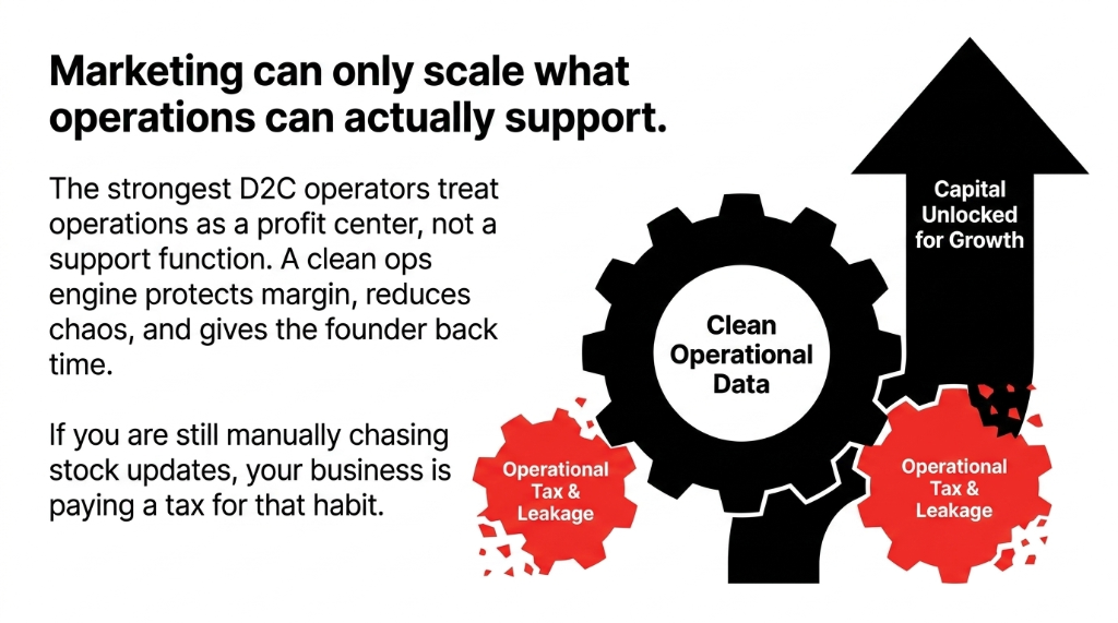Marketing can only scale what operations can actually support. Clean Operational Data gear drives Capital Unlocked for Growth upward while Operational Tax and Leakage gears grind away margin below. The strongest D2C operators treat operations as a profit center not a support function.