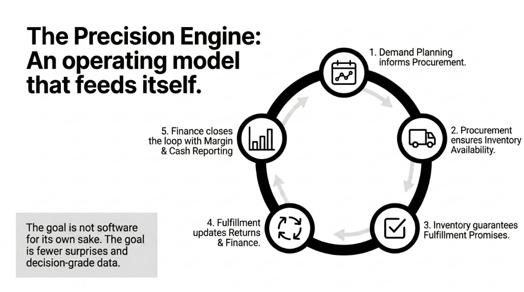 The Precision Engine: An operating model that feeds itself. Step 1 Demand Planning informs Procurement. Step 2 Procurement ensures Inventory Availability. Step 3 Inventory guarantees Fulfillment Promises. Step 4 Fulfillment updates Returns and Finance. Step 5 Finance closes the loop with Margin and Cash Reporting.