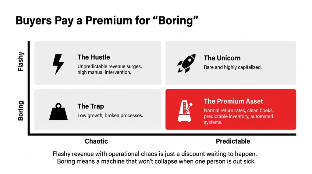 Buyers Pay a Premium for Boring: Flashy Hustle vs Premium Asset. Flashy has unpredictable revenue surges and high manual intervention. Boring has normal return rates, clean books, predictable inventory, and automated systems.