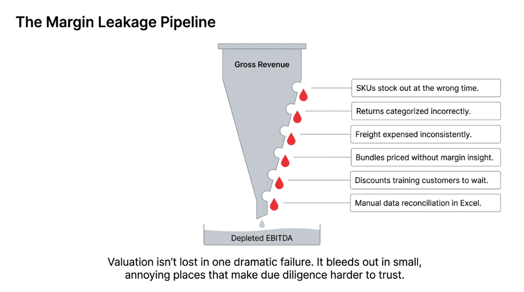 The Margin Leakage Pipeline: Gross Revenue bleeds out through stockouts, incorrect return categories, inconsistent freight expenses, margin-blind bundles, discounts, and manual Excel reconciliation to depleted EBITDA.