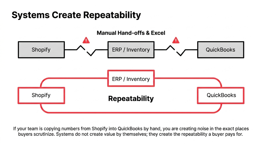 Systems Create Repeatability: Manual handoffs between Shopify, ERP, and QuickBooks create noise in diligence. Integrated Shopify-ERP-QuickBooks loops create the repeatability buyers pay for.