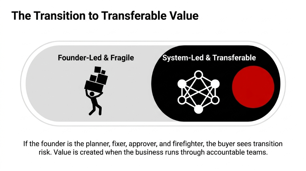The Transition to Transferable Value: Moving from Founder-Led & Fragile where the founder approves and fixes everything to System-Led & Transferable where the business runs through systems and accountable teams.