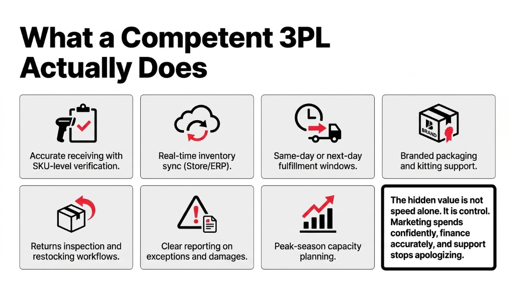 What a Competent 3PL Actually Does. Eight capabilities: Accurate receiving with SKU-level verification. Real-time inventory sync with Store or ERP. Same-day or next-day fulfillment windows. Branded packaging and kitting support. Returns inspection and restocking workflows. Clear reporting on exceptions and damages. Peak-season capacity planning. The hidden value is not speed alone. It is control.